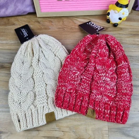 🧚‍♂️NWT Basico Beige & Red Chunky Knit Pair of Unisex Slouchy Beanie Hats - Picture 6 of 12